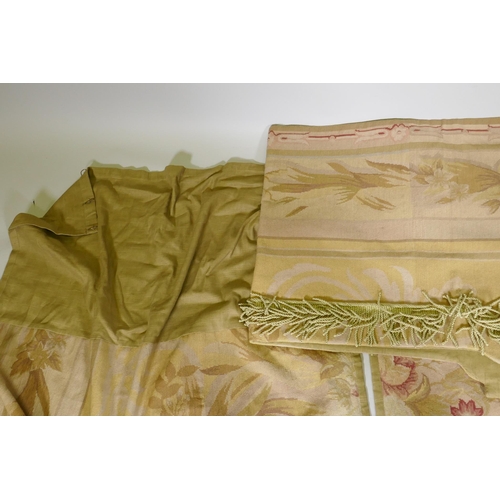 62 - A pair of antique Aubusson lined drapes/curtains with pelmet, drop 280cm, each 120cm wide, pelmet 18... 