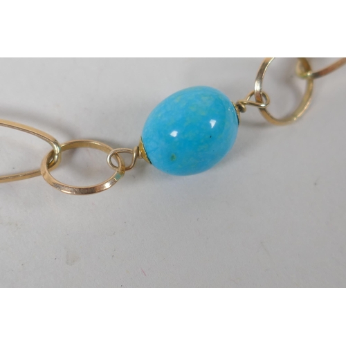 625 - A 9ct gold and turquoise beaded bracelet, 19cm long