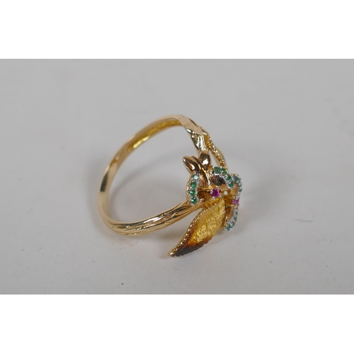 627 - An Italian yellow metal leaf and butterfly ring, set with rubies and emeralds, approx size O