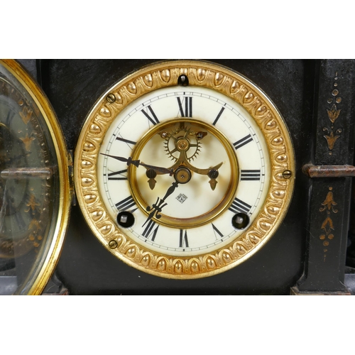 635 - A late C19th American slate architectural mantel clock by Ansonia Clock Co, with an eight day moveme... 