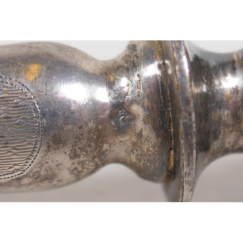 638 - An antique French silver handled lamb leg holder, together with and antique hallmarked silver handle... 