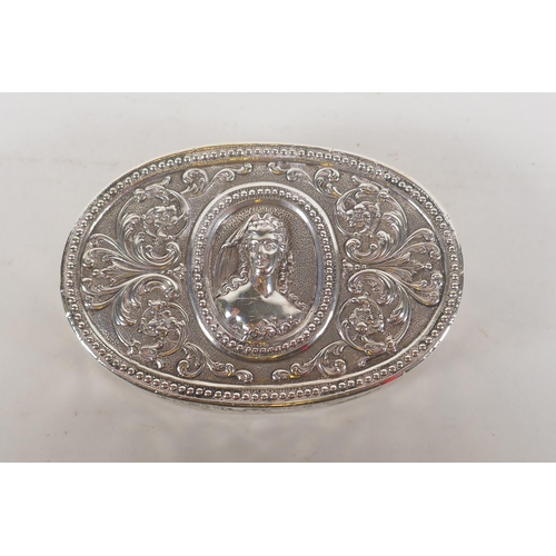 650 - A C19th French silver oval box with repousse portrait and swag decoration, 107g, 9 x 6cm