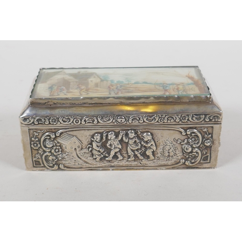 651 - An antique continental silver box decorated with an inset painting on ivorine depicting archers, 251... 