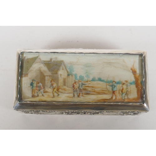 651 - An antique continental silver box decorated with an inset painting on ivorine depicting archers, 251... 