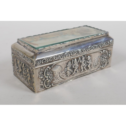 651 - An antique continental silver box decorated with an inset painting on ivorine depicting archers, 251... 