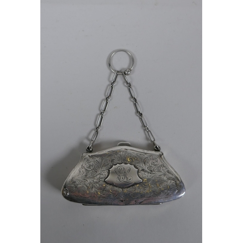 663 - An antique silver coin purse, Birmingham, 48g, 9.5 x 5cm, marks rubbed