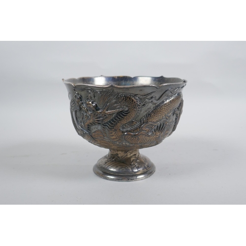 664 - An antique Japanese antimony stem bowl with raised dragon decoration, indistinct mark to base, 12cm ... 