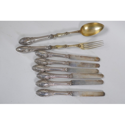 670 - Six French silver butter knives, marked Cosson Corby, and matching salad servers, 474g