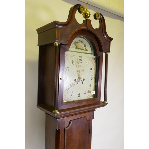 674 - C19th oak long case clock, the case with banded veneer, and inlaid shell decoration, the painted dia... 