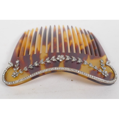 680 - An antique tortoiseshell hair slide set with diamonds, in bespoke case, 10cm wide