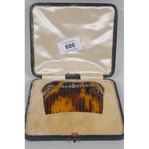 680 - An antique tortoiseshell hair slide set with diamonds, in bespoke case, 10cm wide