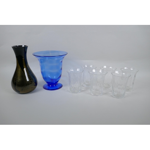 77 - A Thomas Webb blue glass vase, six Thomas Webb glass tumblers and a Stuart Strathern ebony and gold ... 