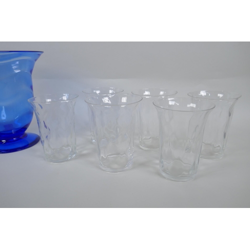 77 - A Thomas Webb blue glass vase, six Thomas Webb glass tumblers and a Stuart Strathern ebony and gold ... 