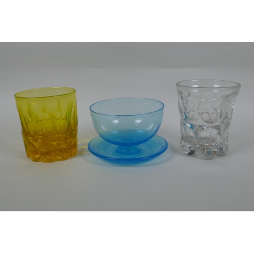 79 - A Victorian uranium pressed glass tumbler and another, and a Walsh blue Pompeian glass grapefruit di... 