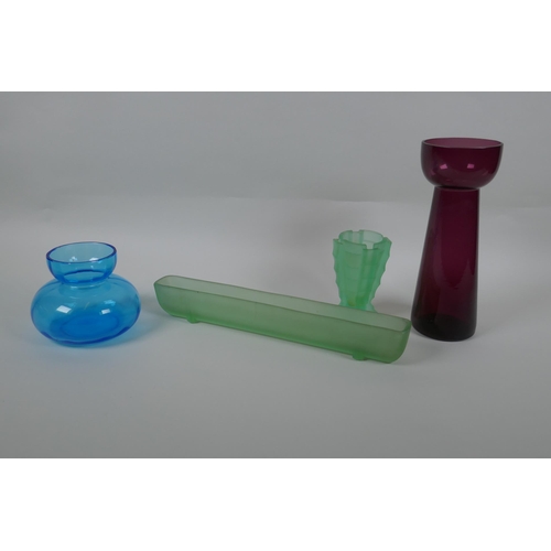 80 - Two Bagley uranium glass flower vases and two vintage coloured glass bulb vases, largest 22cm