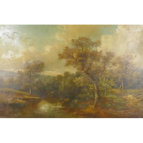 801 - Landscape with cattle watering, unsigned, oil on canvas, re-lined, in a gilt frame, 126 x 76cm