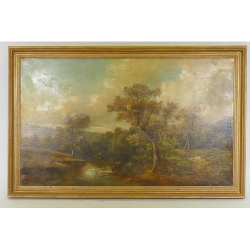 801 - Landscape with cattle watering, unsigned, oil on canvas, re-lined, in a gilt frame, 126 x 76cm