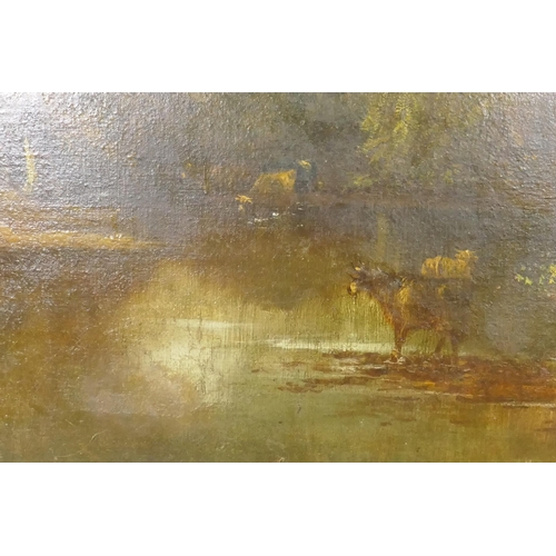 801 - Landscape with cattle watering, unsigned, oil on canvas, re-lined, in a gilt frame, 126 x 76cm