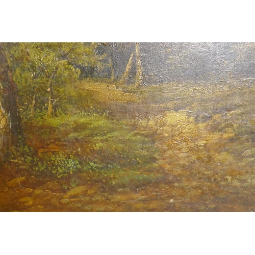 801 - Landscape with cattle watering, unsigned, oil on canvas, re-lined, in a gilt frame, 126 x 76cm