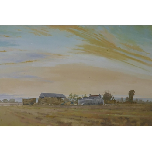 807 - Howard Shelvey, landscape with farmhouse and barns, signed and dated 1976, oil on board, 75 x 60cm