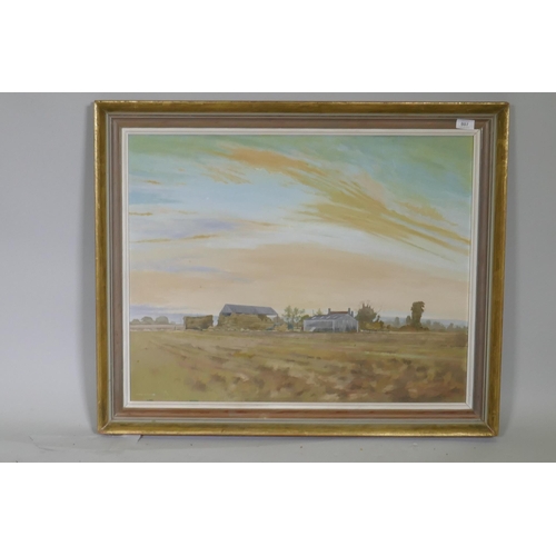 807 - Howard Shelvey, landscape with farmhouse and barns, signed and dated 1976, oil on board, 75 x 60cm