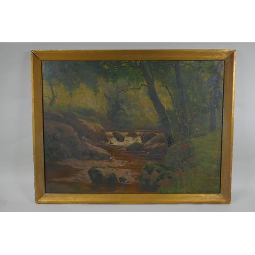 809 - A C19th woodland scene with a figure fishing in a stream, bears signature Alfred De Breanski (Britis... 