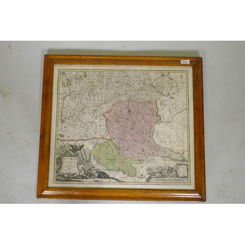 811 - An C18th hand coloured engraved map of Austria/Stiria, in a birds eye maple veneered frame, 53 x 61c... 