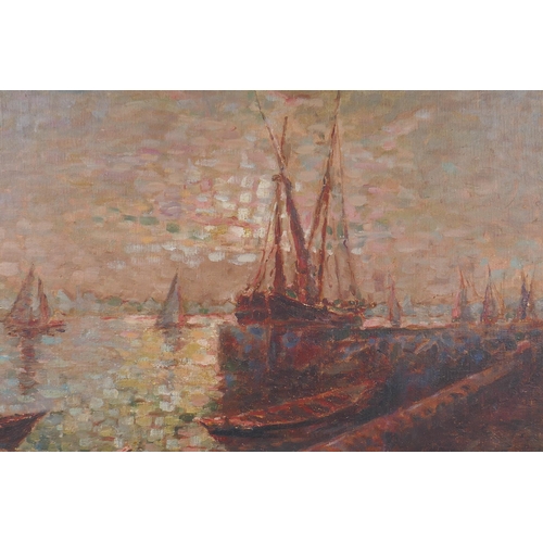 813 - Mary Anderson, (American), boats in a harbour at sunset, signed, oil on canvas, 39 x 49cm