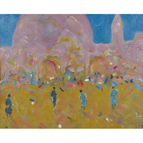 815 - Figures at a continental town square, possibly Venice,  impressionist style, oil on board, 24 x... 