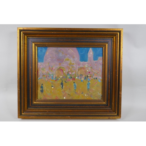 815 - Figures at a continental town square, possibly Venice,  impressionist style, oil on board, 24 x... 