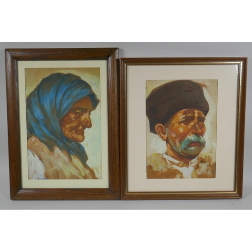 817 - A pair of portraits of an Eastern European  lady and gentleman, watercolour and gouache, indist... 