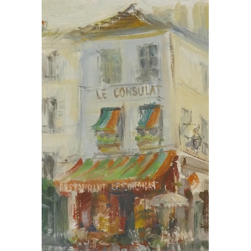 819 - A French street scene with figures by a restaurant, oil on board, signed indistinctly, mid C20th, 15... 