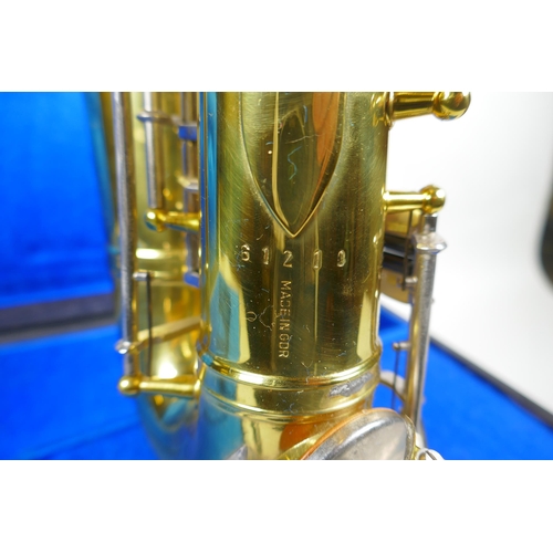 82 - An East German 'Meister' brass saxophone, cased