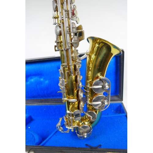 82 - An East German 'Meister' brass saxophone, cased