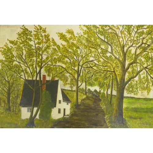 823 - Naive landscape, cottage by an avenue of trees, oil on board, unsigned, early C20th, 35 x 27cm