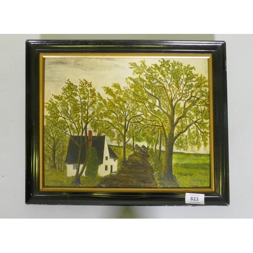 823 - Naive landscape, cottage by an avenue of trees, oil on board, unsigned, early C20th, 35 x 27cm