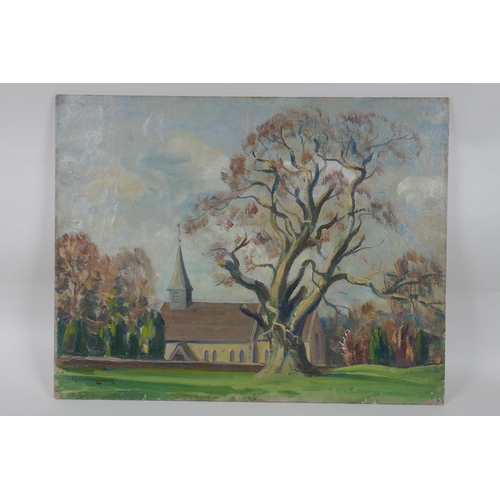 824 - Maurice Codner, (British, 1888-1959), Woodmancote Church, oil on canvas board, 46 x 36cm