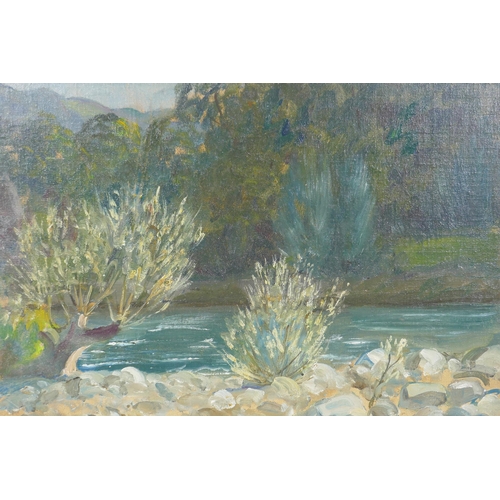 825 - Maurice Codner, (British, 1888-1958), river scene, oil on canvas board, 40 x 30cm