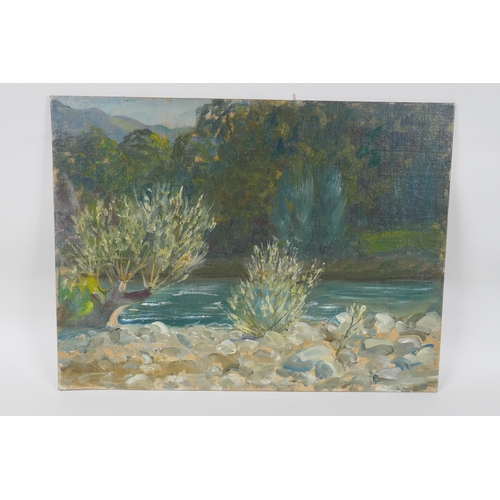 825 - Maurice Codner, (British, 1888-1958), river scene, oil on canvas board, 40 x 30cm