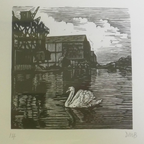 826 - Diana Bloomfield, Swan & Factory, 14/24 wood engraving, monogram, labelled verso, 11 x 11cm