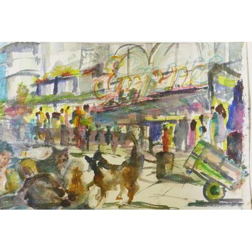 832 - Leicester Square, The Homeless at the Empire '92, unsigned, watercolour, 20 x 28cm