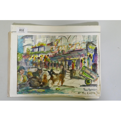 832 - Leicester Square, The Homeless at the Empire '92, unsigned, watercolour, 20 x 28cm