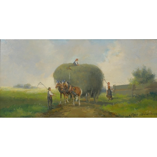 833 - Landscape with figures and horse drawn hay cart, indistinctly signed, antique oil on panel, 13 x 25c... 