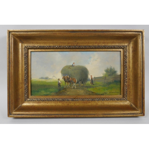 833 - Landscape with figures and horse drawn hay cart, indistinctly signed, antique oil on panel, 13 x 25c... 