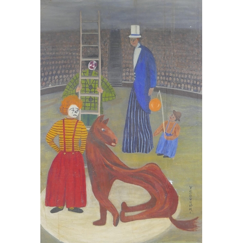 835 - Violet Souhami, naive circus scene, oil on canvas, 40 x 55cm