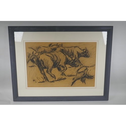 837 - Bulls stampeding, monogrammed charcoal drawing, 37 x 56cm