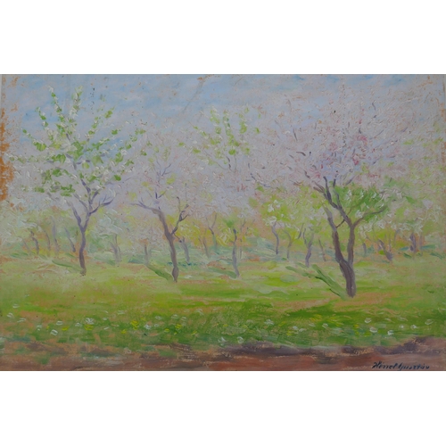 844 - Coastal landscape, signed Viktor Aulik, and a view of an orchard in spring, signed Guszstav Henel, b... 