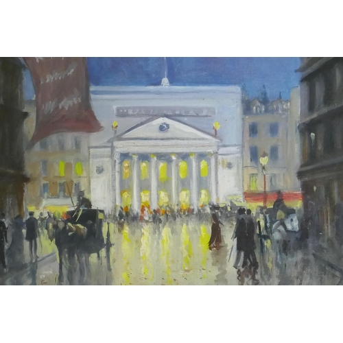 851 - Roland Doemest ?, Haymarket Theatre, signed verso, mid C20th, oil on canvas, 24 x 19cm