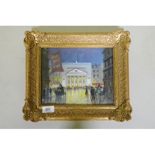 851 - Roland Doemest ?, Haymarket Theatre, signed verso, mid C20th, oil on canvas, 24 x 19cm