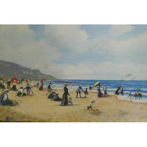 852 - C19th beach scene in the style of Boudin, monogram RD, Roland Doemest ?, oil on canvas board, 24 x 1... 